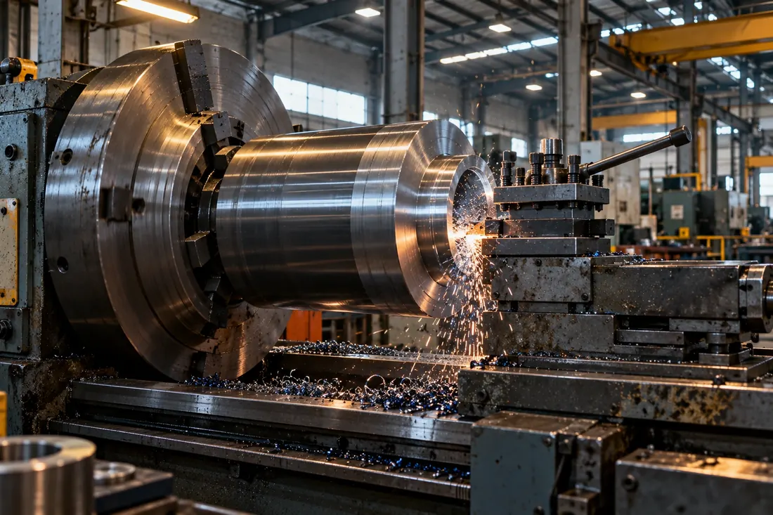 Torno de grande porte usinando componente de cilindro hidráulico